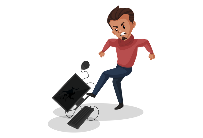 Angry Man kicking computer  Illustration