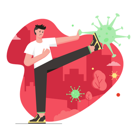 Angry man kicks huge virus  Illustration