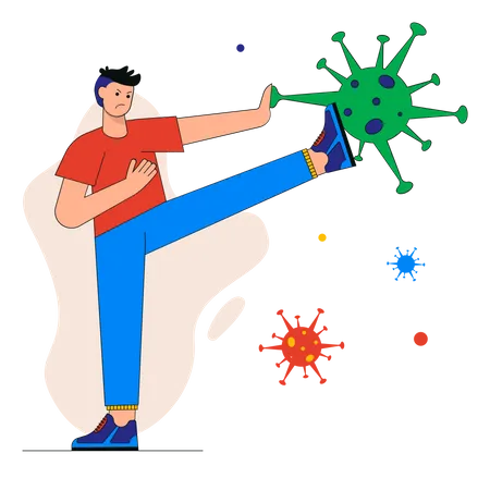 Angry man kicks huge virus  Illustration