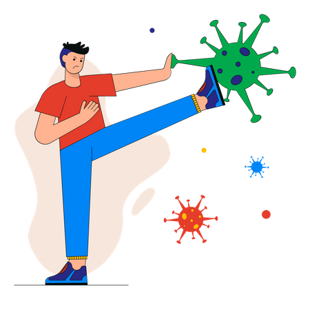 Angry man kicks huge virus  Illustration