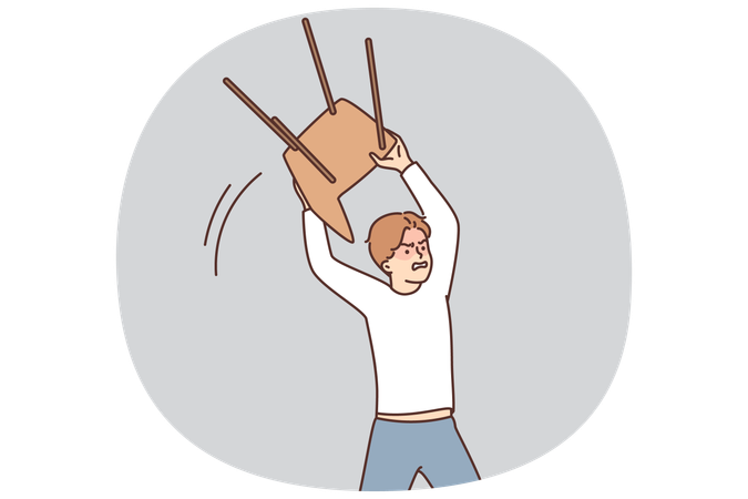 Angry man lifts chair to throw at break furniture during nervous breakdown  Illustration