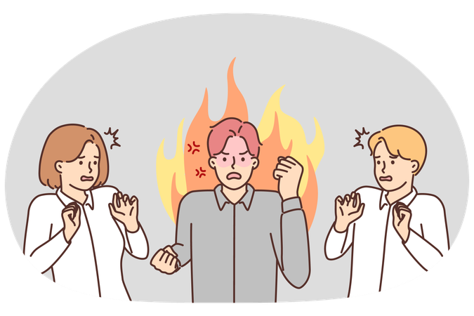 Angry man manager or office worker swears and waves hands scaring colleagues  Illustration