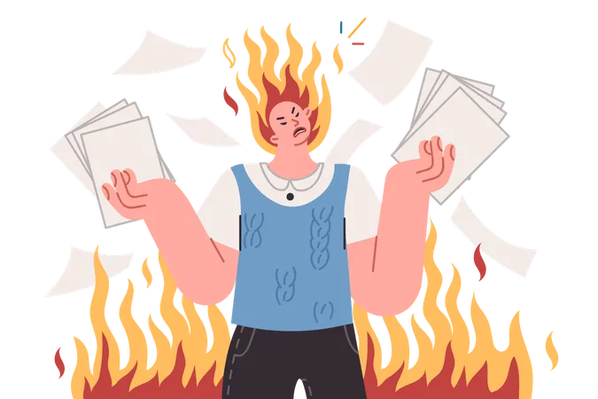 Angry man nervous about bureaucracy and overabundance of paperwork  Illustration