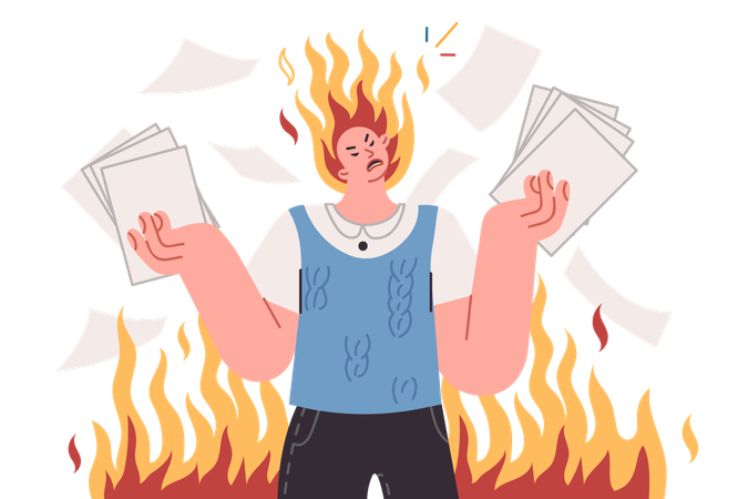 Angry man nervous about bureaucracy and overabundance of paperwork  Illustration