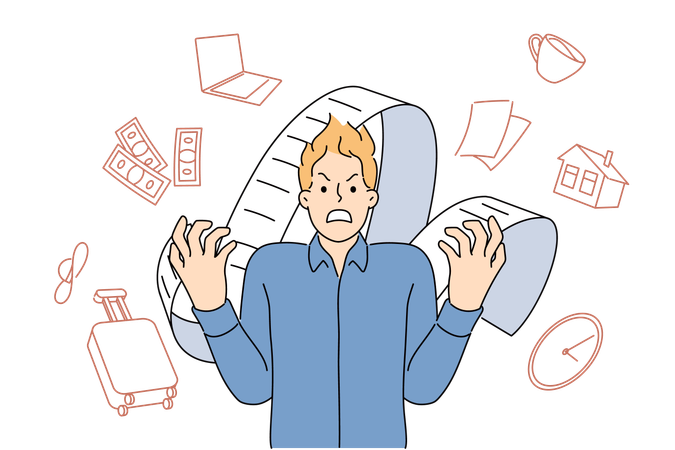 Angry man nervous due to overload of tasks and lack of multitasking skills to increase productivity  Illustration