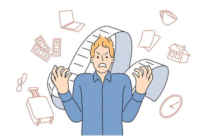 Angry man nervous due to overload of tasks and lack of multitasking skills to increase productivity  Illustration