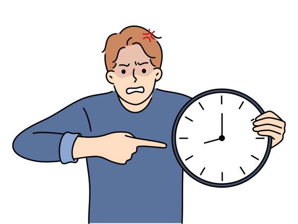 Angry man pointing clock  Illustration