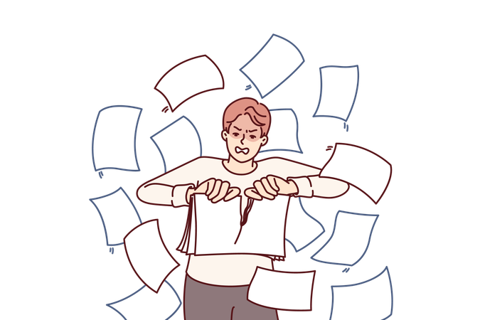 Angry man rips up documents  イラスト