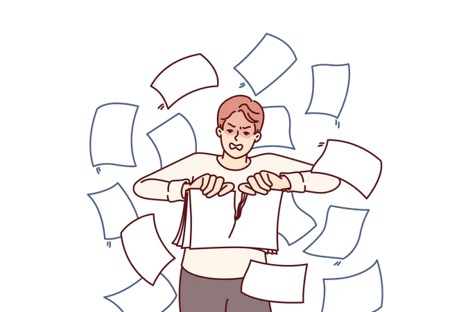 Angry Man Rips Up Documents After Experiencing Burst Of Aggression Due To Bureaucracy And Stress Of Doing Paperwork Businessman Throwing Up Documents With Bad Financial Statements Illustration