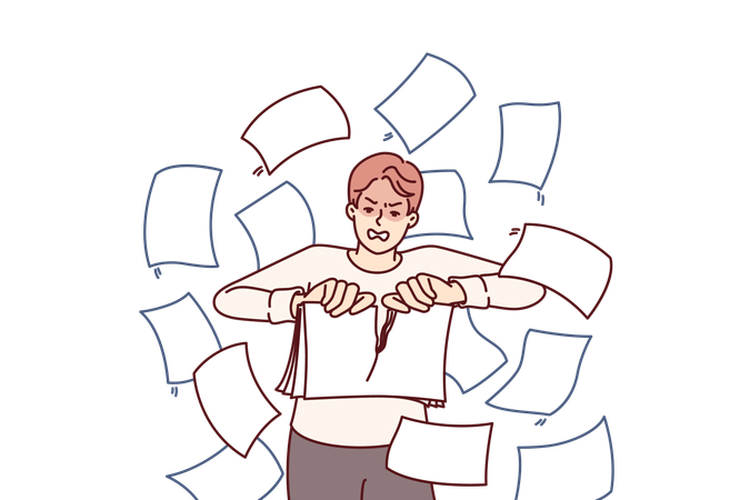 Angry man rips up documents  Illustration