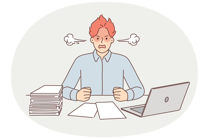 Angry man suffering from overwork and paperwork sitting at office desk with laptop  Illustration