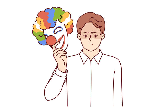 Angry man takes off mask of happy clown  Illustration