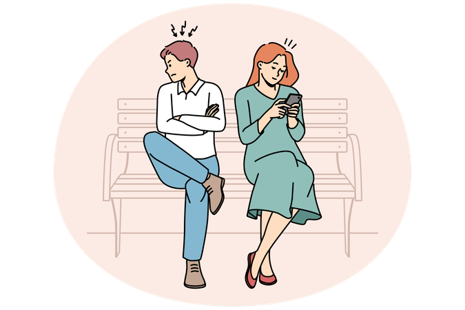 Angry man turn from mad woman using phone  Illustration