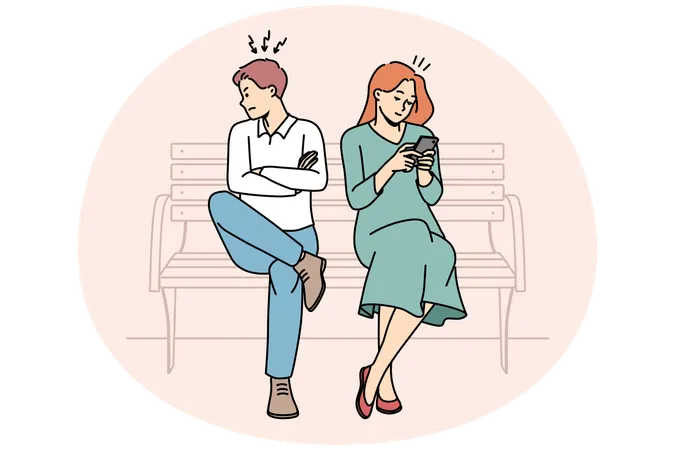 Angry man turn from mad woman using phone  Illustration