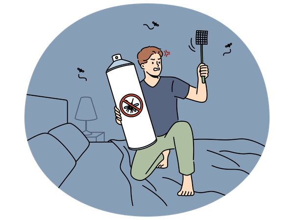 自宅で蚊のハエたたきエアロゾルを撒き散らす怒った男性  イラスト
