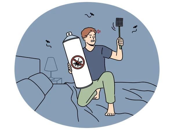 自宅で蚊のハエたたきエアロゾルを撒き散らす怒った男性  イラスト