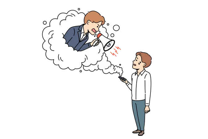 Angry Manager Scolds Helpless Subordinate While Leaning Out Of Mobile Phone With Megaphone In Hands Manager Violates Subordination By Raising Voice To Subordinate To Obtain High Business Results Illustration