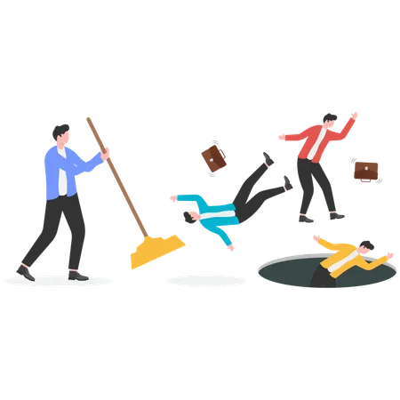 Angry managers with brooms to remove fired employee  Illustration