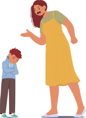 Angry Mother Character With Furious Face And Raised Voice Towers Over Her Small Son Who Cowers Eyes Full Of Sorrow As Harsh Words Are Sternly Delivered Cartoon People Vector Illustration Illustration