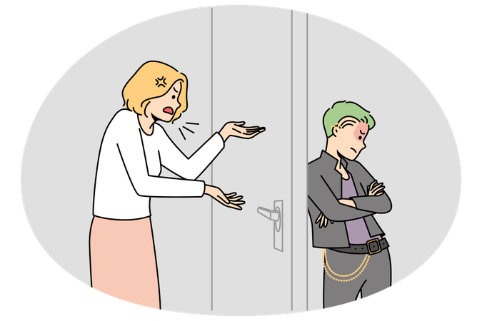 Angry mother talking to teen goth child  Illustration