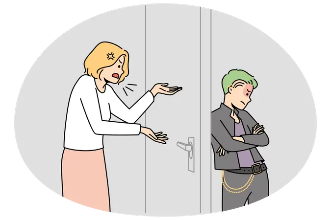 Angry mother talking to teen goth child  Illustration
