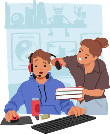 Angry Mother Trying To Break Through Son Headphone Zone And Grab His Attention From The Computer  Illustration