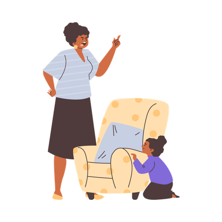 Angry mother yells at his daughter hiding behind armchair  Illustration