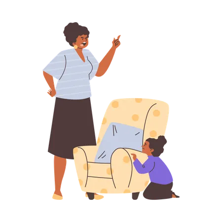 Angry mother yells at his daughter hiding behind armchair  Illustration