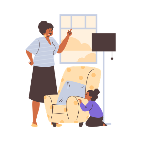 Angry mother yells at his daughter hiding behind armchair  Illustration