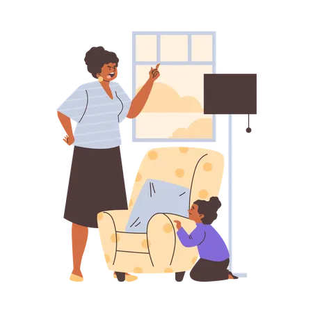 Angry mother yells at his daughter hiding behind armchair  Illustration