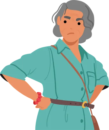 Angry Old Female Character With Furrowed Brow Piercing Gaze And Arms Akimbo Elderly Woman Face Etched With Lines Of Frustration Storm Of Discontent Brewing In Her Eyes Cartoon Vector Illustration Illustration