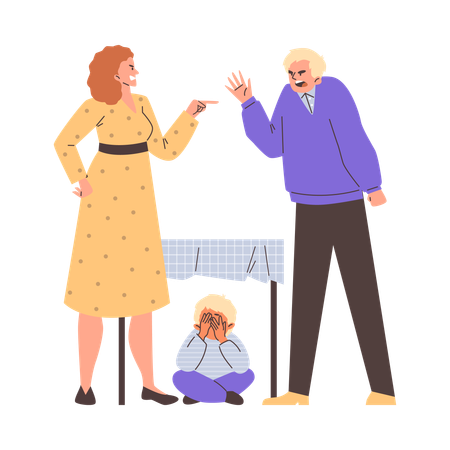 Angry parents swear and shout while their son hides under table  Illustration
