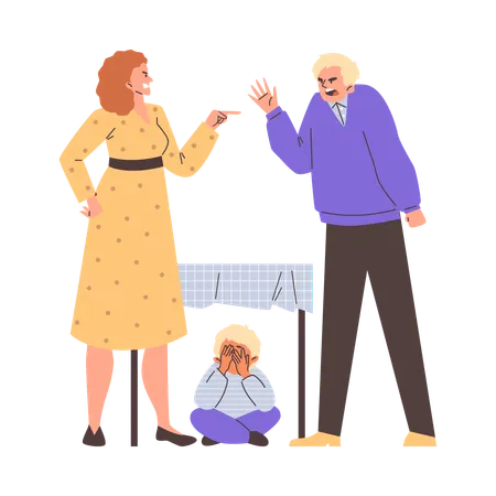 Angry parents swear and shout while their son hides under table  Illustration