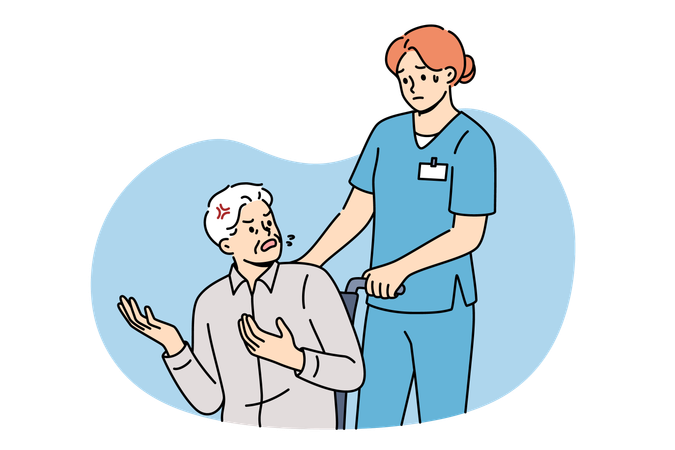 Angry patient in wheelchair swears at nurse and expressing dissatisfaction with healthcare system  Illustration