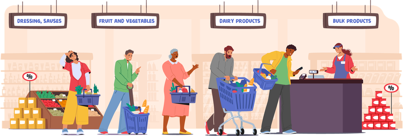 Angry people customers queue in store standing in line at supermarket cashier counter desk  Illustration