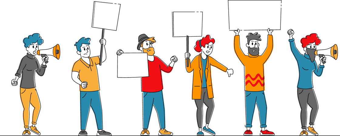 Angry people protesting while holding boards Illustration