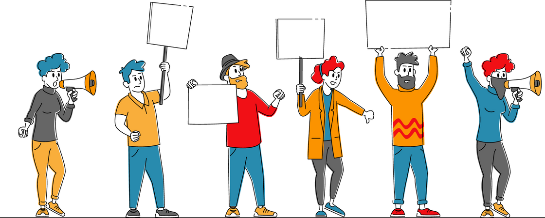 Angry people protesting while holding boards  Illustration