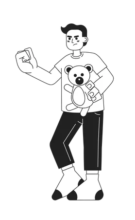 Angry Preteen Boy With Stuffed Bear Threatening Monochromatic Flat Vector Character Boy Stealing Toy Editable Thin Line Full Body Person On White Simple Bw Cartoon Spot Image For Web Graphic Design Illustration