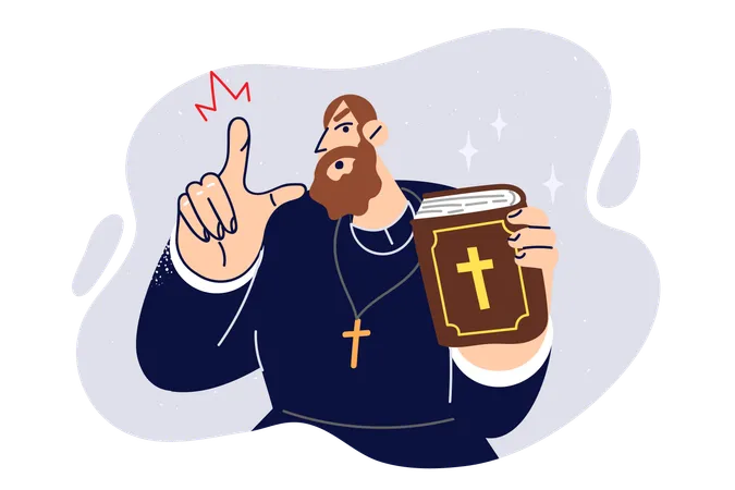 Angry Priest Stands With Bible In Hands And Reprimands Parishioners Do Not Keep Commandments From Holy Scriptures Priest Points Finger At Screen Calling Not To Commit Sins Described In Old Testament Illustration