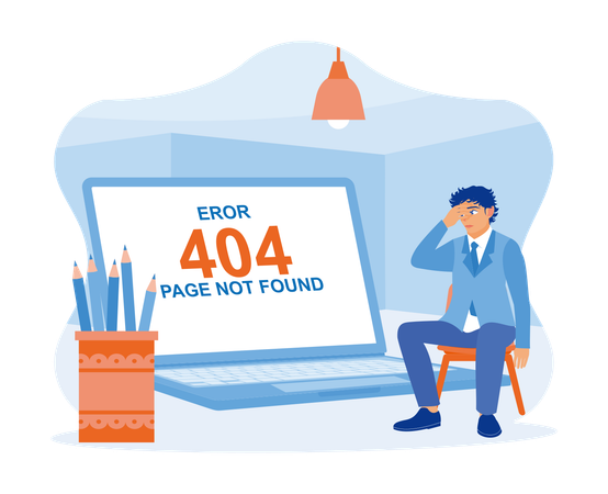 Angry programmer at work working with 404 error page  Illustration