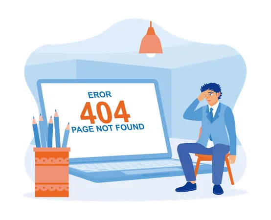 Angry programmer at work working with 404 error page  イラスト