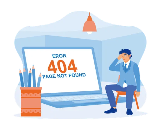 Angry programmer at work working with 404 error page  Illustration