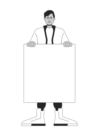 Angry Protest Flat Line Black White Vector Character Editable Outline Full Body Person Shouting Slogans Man Holding Placard Simple Cartoon Isolated Spot Illustration For Web Graphic Design Illustration