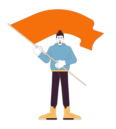Angry Protester Waving Flag Flat Line Color Vector Character Public Demonstration Editable Outline Full Body Person On White Protest Simple Cartoon Spot Illustration For Web Graphic Design Illustration