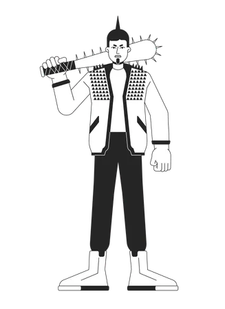Angry Rebel Man Flat Line Black White Vector Character Protester With Basebal Bat Holding Weapon Editable Outline Full Body Person Simple Cartoon Isolated Spot Illustration For Web Graphic Design Illustration