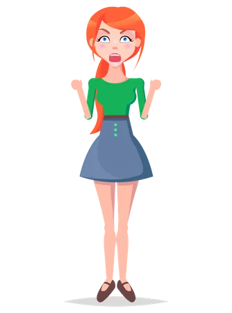 Angry Screaming Woman With Wide Open Mouth Isolated On White Annoyed Redhead Girl Avatar Userpic In Flat Style Design Vector Illustration Of Cranky Human Emotion In Green Blouse And Blue Skirt Illustration