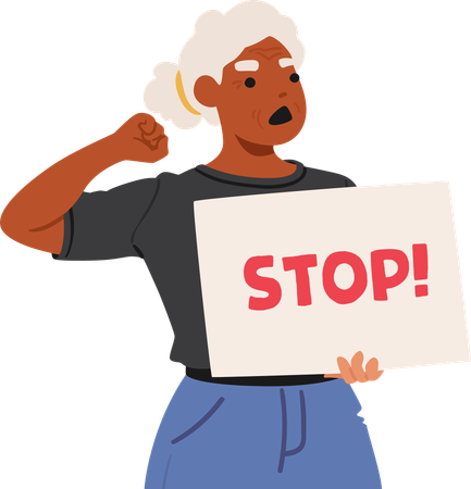 Angry Senior Female Protester Holding Stop Sign  Illustration