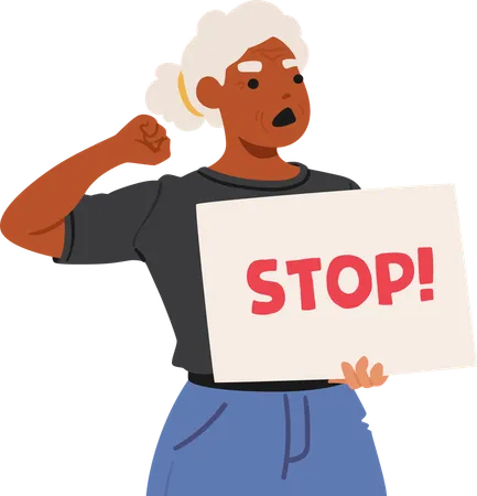 Angry Senior Female Protester Holding Stop Sign  Illustration