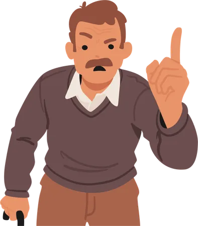 Angry Senior Man Character Fiercely Wags His Finger Expressing Disapproval With Sternness Lines Etched On His Face Reveal Frustration And A Demand For Attention Cartoon People Vector Illustration Illustration