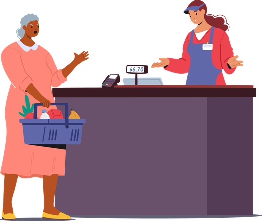 Angry senior woman screaming yelling and quarreling with saleswoman at supermarket counter desk  Illustration